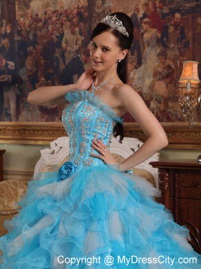 Beading Ruffles Aqua Blue Quinceanera Dresses With Dropped Waist