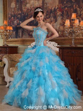 Beading Ruffles Aqua Blue Quinceanera Dresses With Dropped Waist