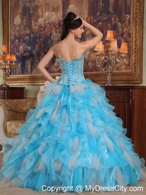 Beading Ruffles Aqua Blue Quinceanera Dresses With Dropped Waist