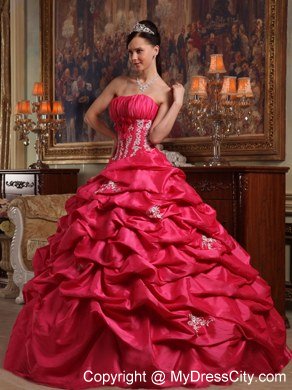 Strapless Ball Gown Appliques Quinceanera Dresses in Coral Red