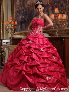 Strapless Ball Gown Appliques Quinceanera Dresses in Coral Red