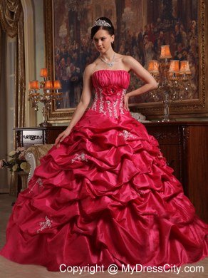 Strapless Ball Gown Appliques Quinceanera Dresses in Coral Red