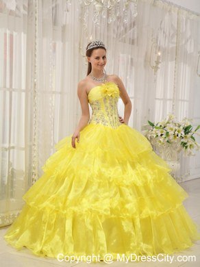 Beading Decorate Waist Strapless Tiered Yellow Quinceanera Dress