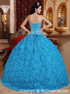 Blue Quinceanera Dress Fabric With Rolling Flowers and Beading