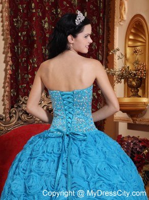 Blue Quinceanera Dress Fabric With Rolling Flowers and Beading