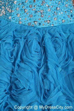 Blue Quinceanera Dress Fabric With Rolling Flowers and Beading