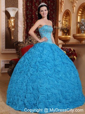 Blue Quinceanera Dress Fabric With Rolling Flowers and Beading