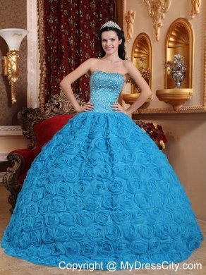 Blue Quinceanera Dress Fabric With Rolling Flowers and Beading