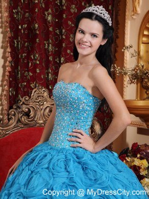 Blue Quinceanera Dress Fabric With Rolling Flowers and Beading