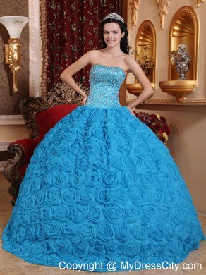 Blue Quinceanera Dress Fabric With Rolling Flowers and Beading