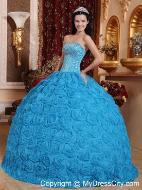 Blue Quinceanera Dress Fabric With Rolling Flowers and Beading