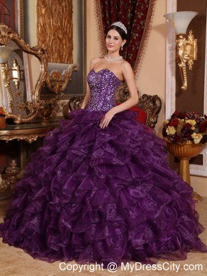 Ruffles Sweetheart Organza Sequins Purple Quinceanera Dress