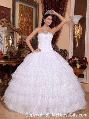 White Special Fabric Sweetheart Dress For Sweet 15 with Ruffled layers