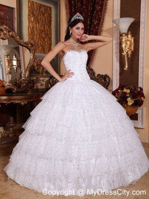 White Special Fabric Sweetheart Dress For Sweet 15 with Ruffled layers