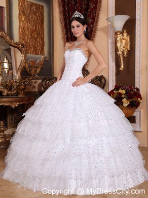 White Special Fabric Sweetheart Dress For Sweet 15 with Ruffled layers