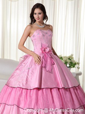 Embroidery Flowers Rose Pink Quinceanera Dress for Party Style