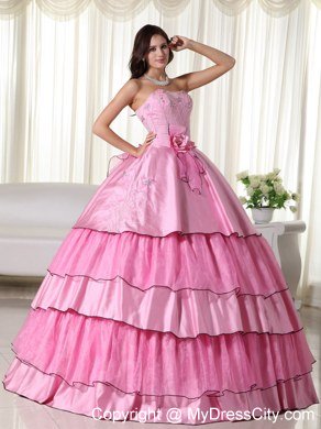 Embroidery Flowers Rose Pink Quinceanera Dress for Party Style