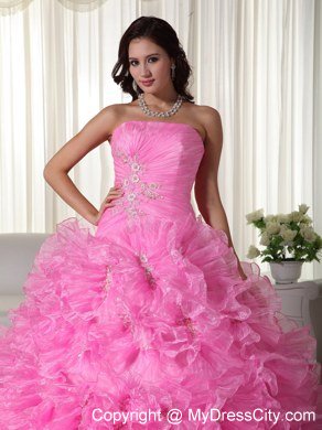 Rose Pink Ruches Ruffles Dress for Sweet 16 with Appliques