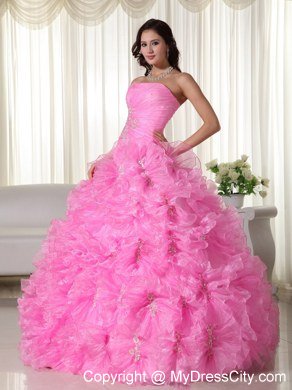 Rose Pink Ruches Ruffles Dress for Sweet 16 with Appliques