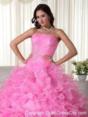 Rose Pink Ruches Ruffles Dress for Sweet 16 with Appliques