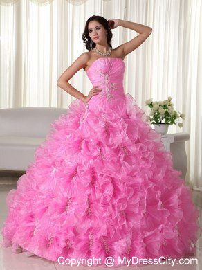 Rose Pink Ruches Ruffles Dress for Sweet 16 with Appliques