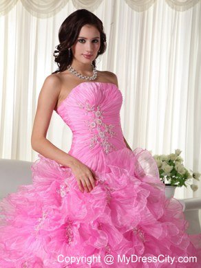 Rose Pink Ruches Ruffles Dress for Sweet 16 with Appliques