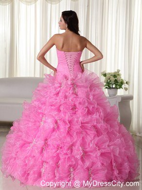 Rose Pink Ruches Ruffles Dress for Sweet 16 with Appliques