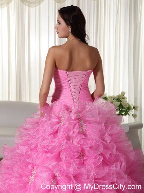 Rose Pink Ruches Ruffles Dress for Sweet 16 with Appliques