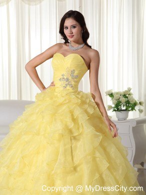 Yellow Organza Sweetheart Ruffles Sweet 15 Dress for Cheap