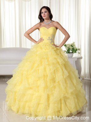 Yellow Organza Sweetheart Ruffles Sweet 15 Dress for Cheap