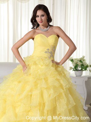 Yellow Organza Sweetheart Ruffles Sweet 15 Dress for Cheap