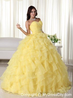 Yellow Organza Sweetheart Ruffles Sweet 15 Dress for Cheap