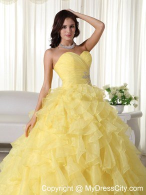 Yellow Organza Sweetheart Ruffles Sweet 15 Dress for Cheap