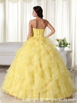 Yellow Organza Sweetheart Ruffles Sweet 15 Dress for Cheap