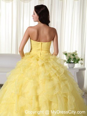 Yellow Organza Sweetheart Ruffles Sweet 15 Dress for Cheap