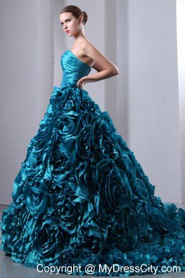 Teal A-Line Princess Sweetheart Hand Made Flowers Quinceanea Dress