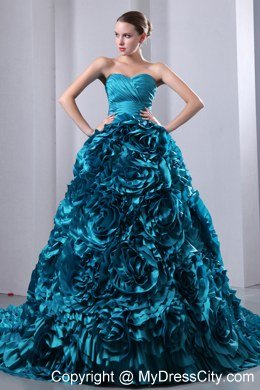 Teal A-Line Princess Sweetheart Hand Made Flowers Quinceanea Dress