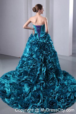 Teal A-Line Princess Sweetheart Hand Made Flowers Quinceanea Dress