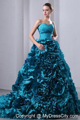 Teal A-Line Princess Sweetheart Hand Made Flowers Quinceanea Dress