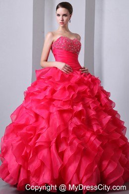 Coral Red Sweetheart Organza Ruffles Quinceanea Dress 2013