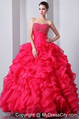 Coral Red Sweetheart Organza Ruffles Quinceanea Dress 2013