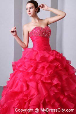 Coral Red Sweetheart Organza Ruffles Quinceanea Dress 2013