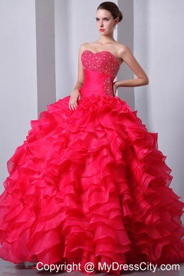 Coral Red Sweetheart Organza Ruffles Quinceanea Dress 2013