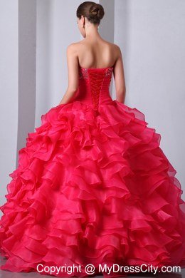 Coral Red Sweetheart Organza Ruffles Quinceanea Dress 2013