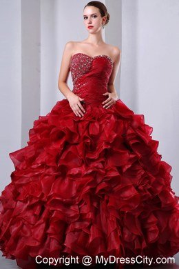 Luxurious Wine Red Ruffles Quinceanera Dress with Beading