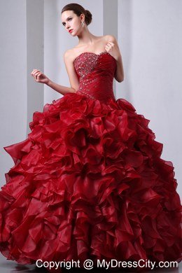 Luxurious Wine Red Ruffles Quinceanera Dress with Beading