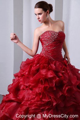 Luxurious Wine Red Ruffles Quinceanera Dress with Beading