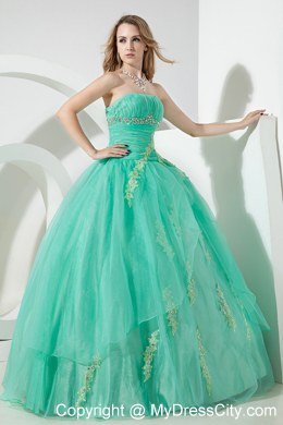 Apple Green Organza Ruches and Appliques 2013 Sweet 15 Dress