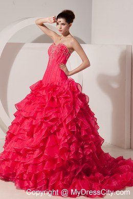 Red Sweetheart Ruffled Layers Appliques Quinceanera Dress for Girl