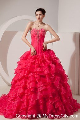 Red Sweetheart Ruffled Layers Appliques Quinceanera Dress for Girl